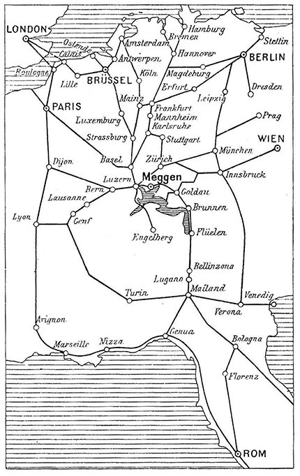 Die Europakarte zeigt die Anbindungen von Meggen an die wichtigen Städte Mitteleuropas.